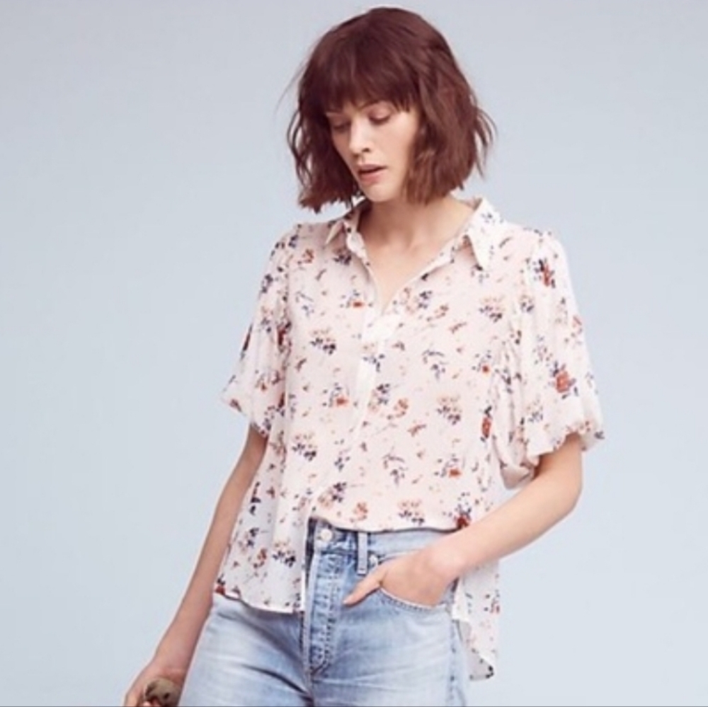 Anthropologie Maeve Dellaroe Floral Blouse Size Large Cottsgecore Ditzy Neutral - Picture 3 of 16